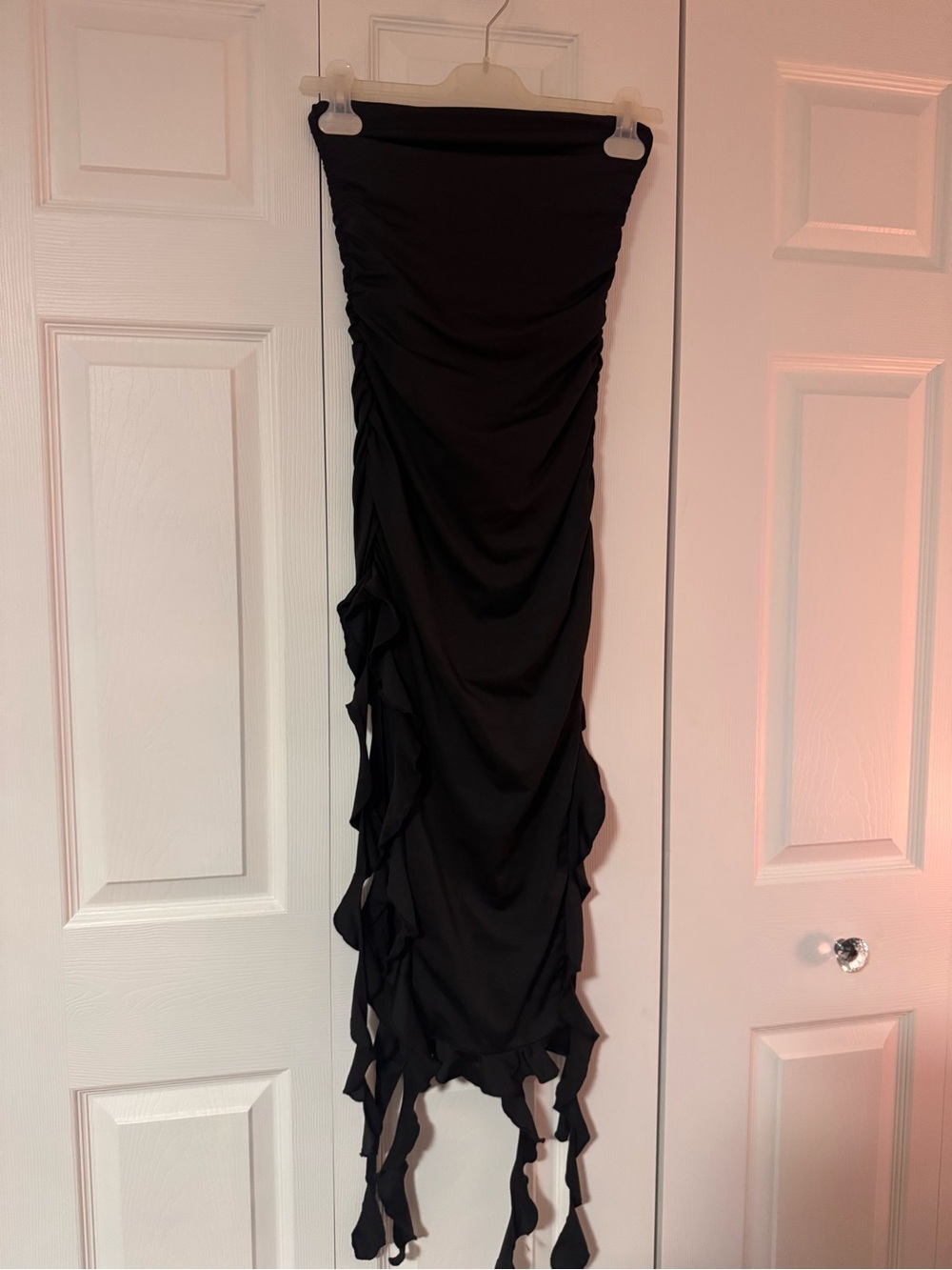 SHEIN Black Strapless Ruched Maxi Dress with Tassel Trim